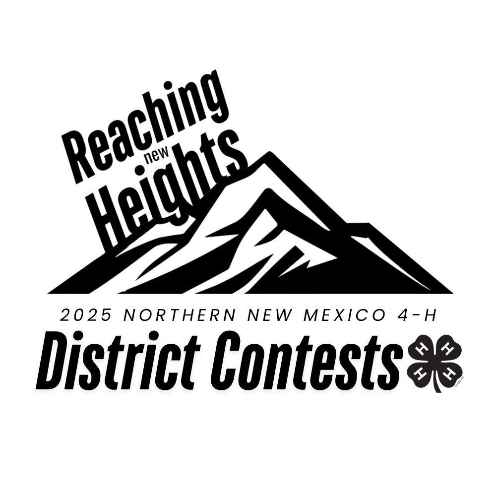 Logo for the 2025 Northern New Mexico 4-H District Contests featuring stylized mountains and the text "Reaching new Heights."